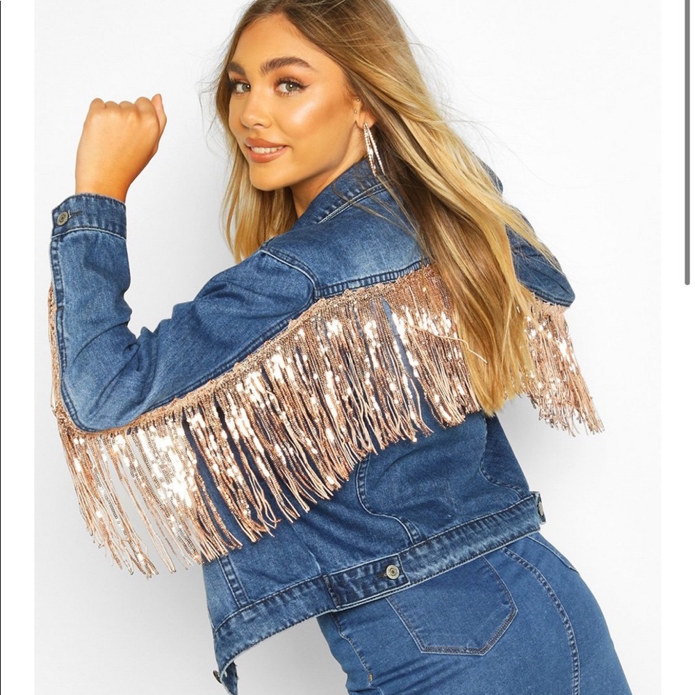 Boohoo sequin fringe denim jacket